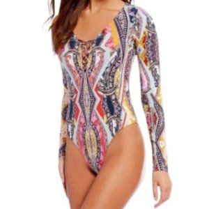 Psychedelic Cage Neck Bodysuit Top NWT